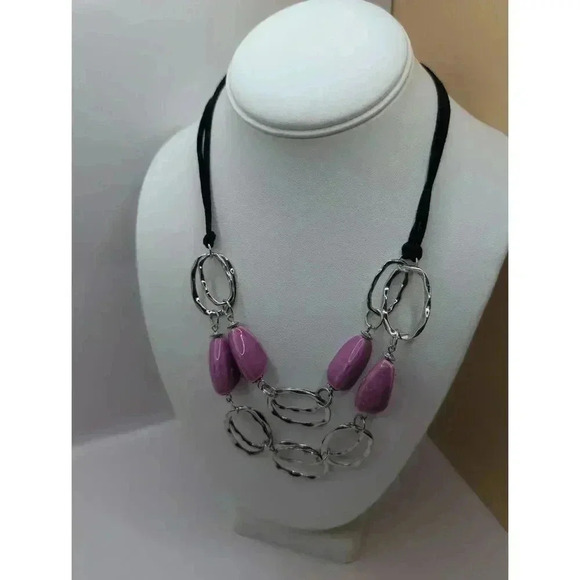 Ceramic Purple Hand Made Silver Tone Black Velvet Necklace - Picture 1 of 4